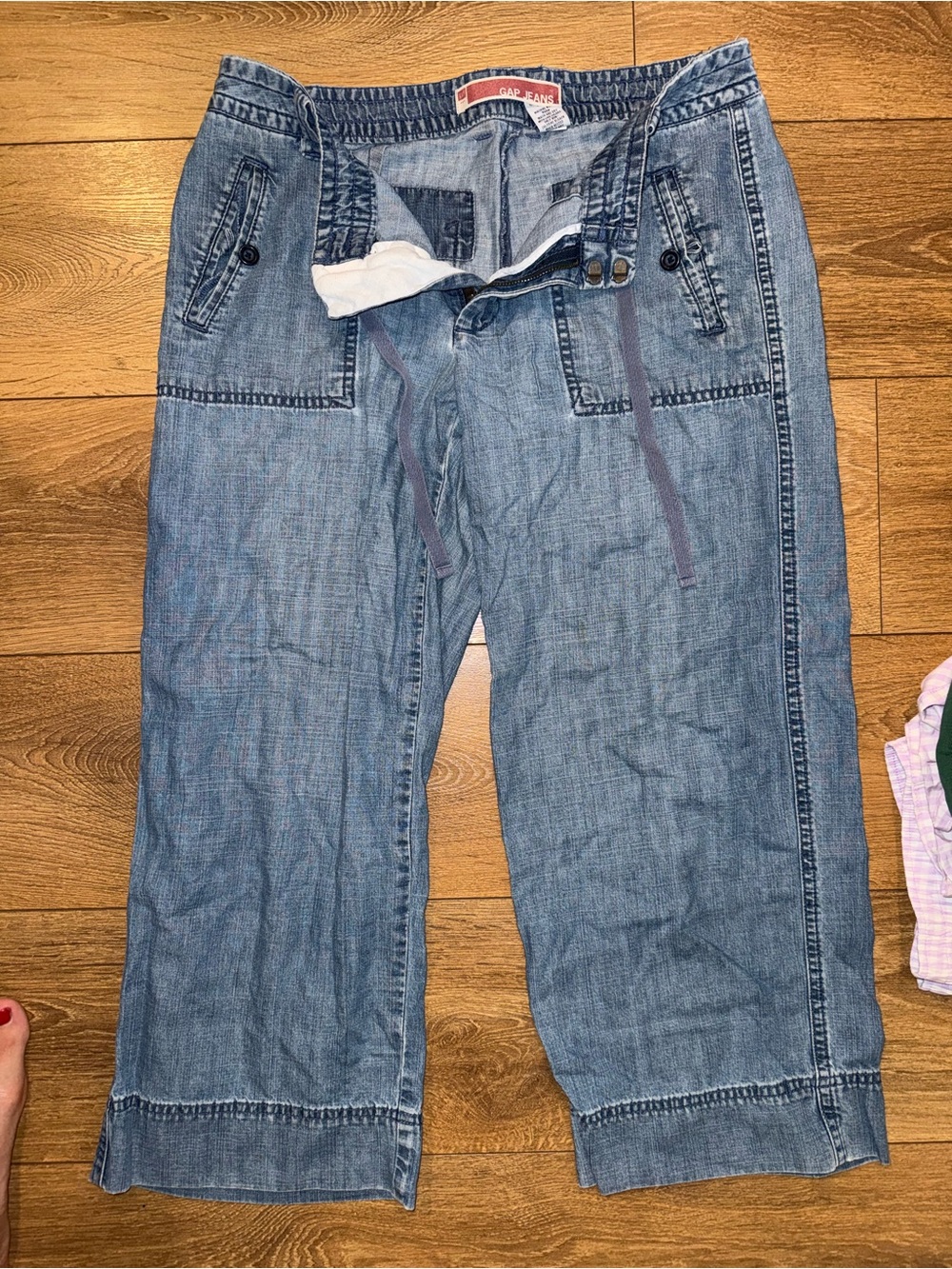 GAP Light Blue Cropped Denim Cargo Jeans with Drawstring Waist